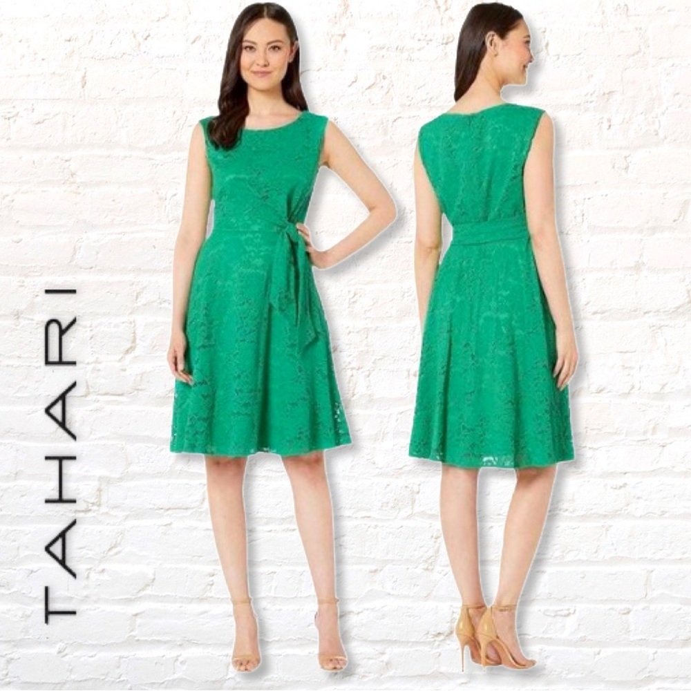 TAHARI ASL Green Floral Lace Side Tie Fit & Flare Dress Petite Size 10P